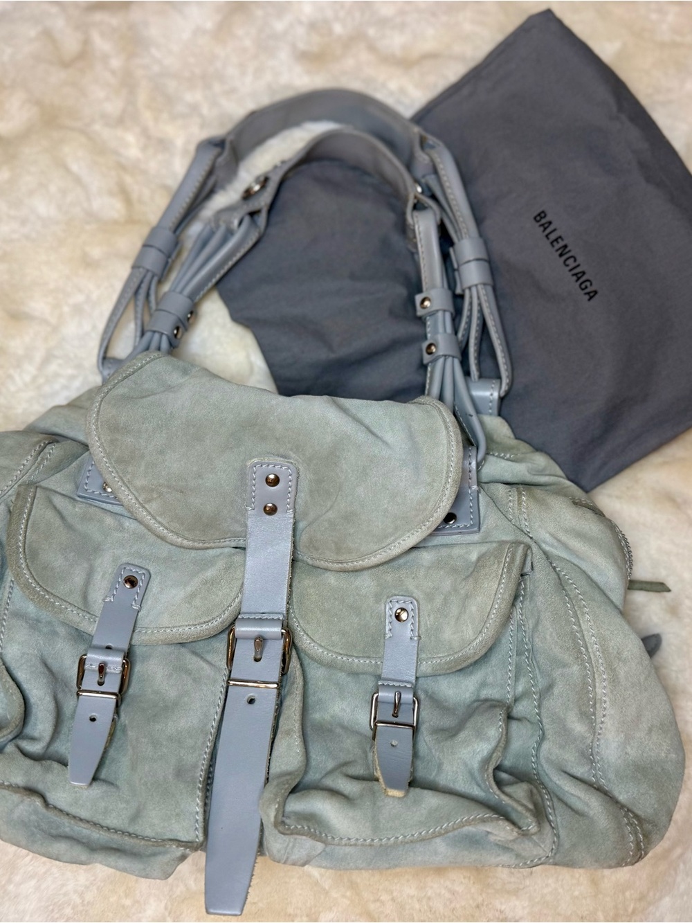 Balenciaga Pale Blue Suede Satchel with Buckle Details - Picture 4 of 13
